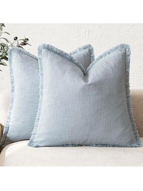 2 Decorative Linen Fringe Throw Pillow Covers Boho 18x18 Sky Blue Baby Blue Dust